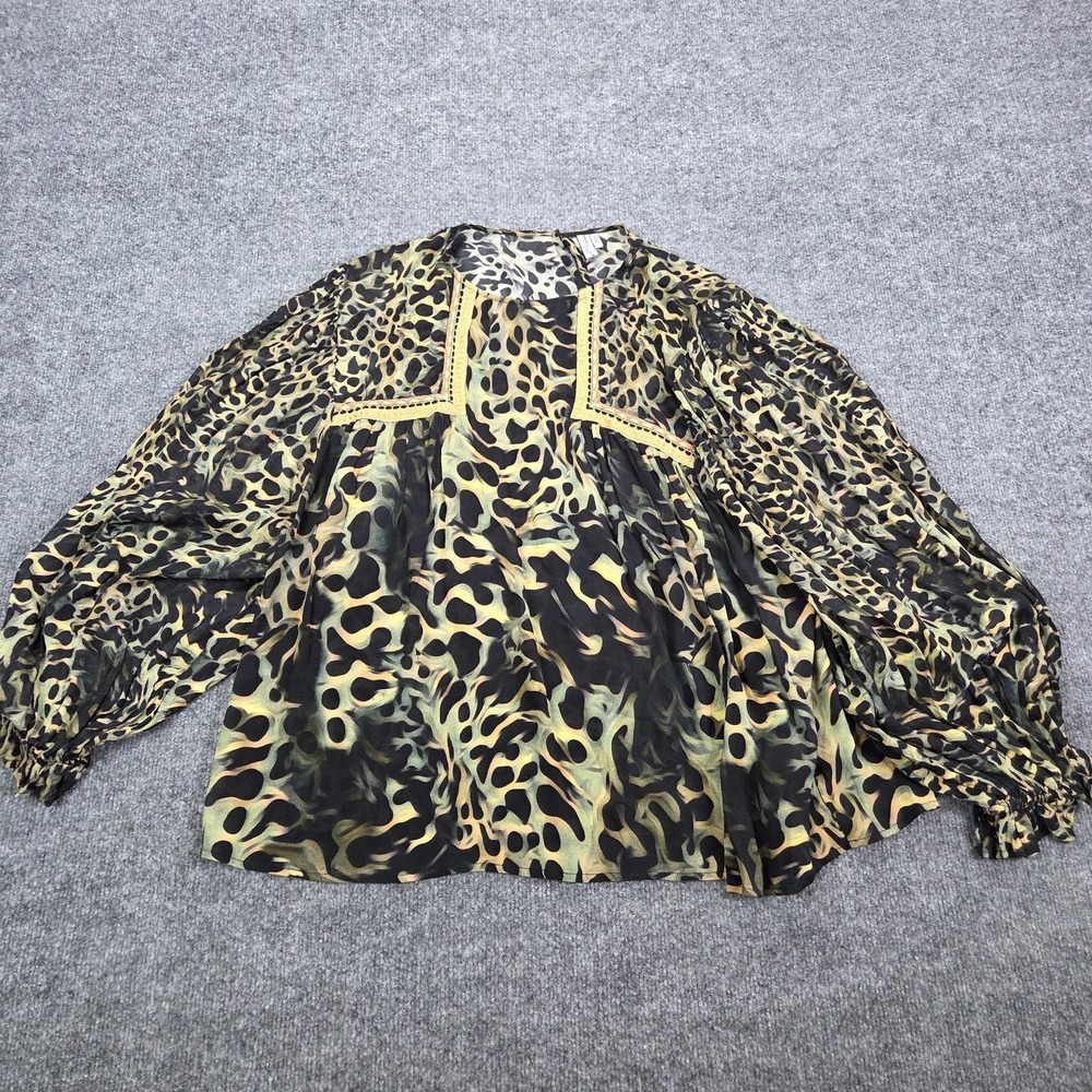 Bl^nk London Tunic Top Womens Medium Green Animal Print Sheer Balloon Sleeve